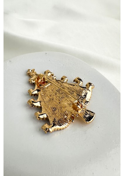 Yılbaşı Özel Altın Sarısı Renkli Taşlı Beyaz Çam Ağacı Broş (6cm-5cm) fiyatları