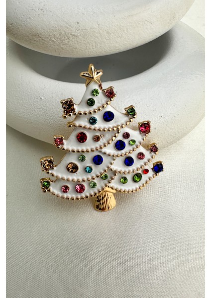 Yılbaşı Özel Altın Sarısı Renkli Taşlı Beyaz Çam Ağacı Broş (6cm-5cm) modelleri