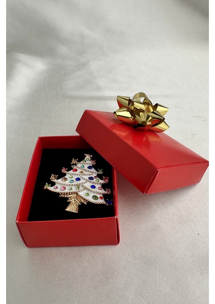 Yılbaşı Özel Altın Sarısı Renkli Taşlı Beyaz Çam Ağacı Broş (6cm-5cm) fırsatları