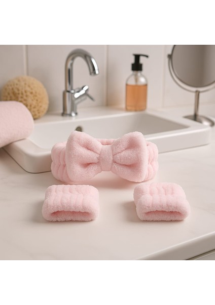 Mikrofiber Welsoft Saç Bandı ve Bileklik Seti – Makyaj & Yüz Yıkama Için