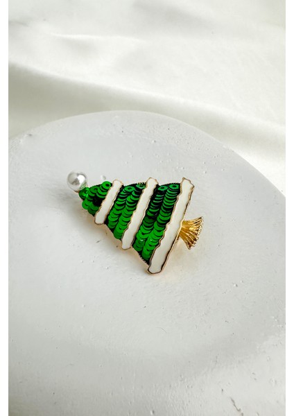Yılbaşı Özel Incili Yeşil Pul Detay Çam Ağacı Broş (4cm)