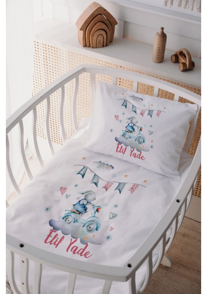 %100 Pamuk Saten Isme Özel Isimli Anne Yanı Beşik Nevresim Takımı Tavşan