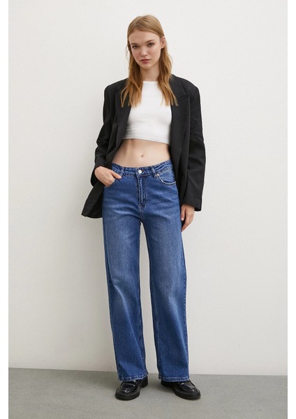 Yüksel Bel Wide Leg Jean Mavi