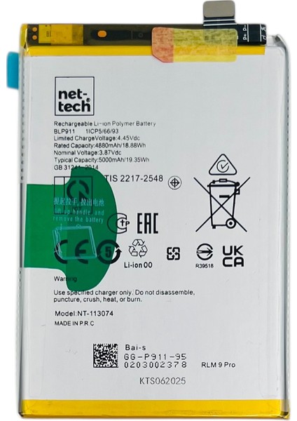 Teknonet Realme 9 Pro Uyumlu Nettech BLP911 5000 Mah Batarya