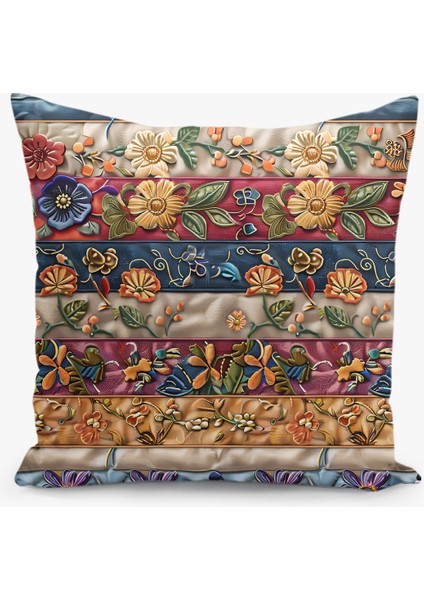 Çift Taraflı Dijital Baskı Kırlent Kılıfı Nakış Görünümlü Çiçek Desenli