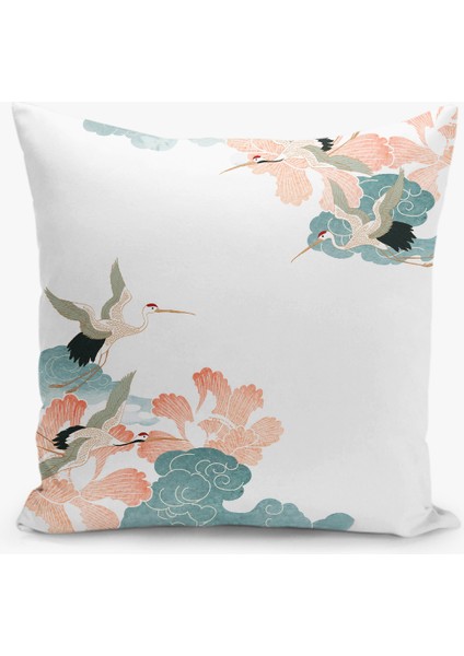 Çift Taraflı Dijital Baskı Kırlent Kılıfı Kuş Çiçek Desenli