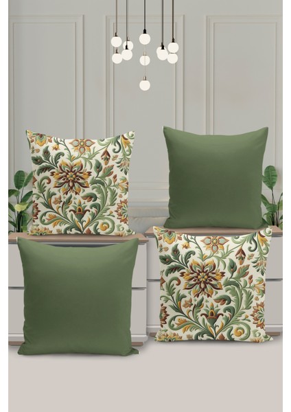 4 Lü Çift Taraflı Dijital Baskı Kırlent Kılıfı Nakış Görünümlü Çiçek Desenli