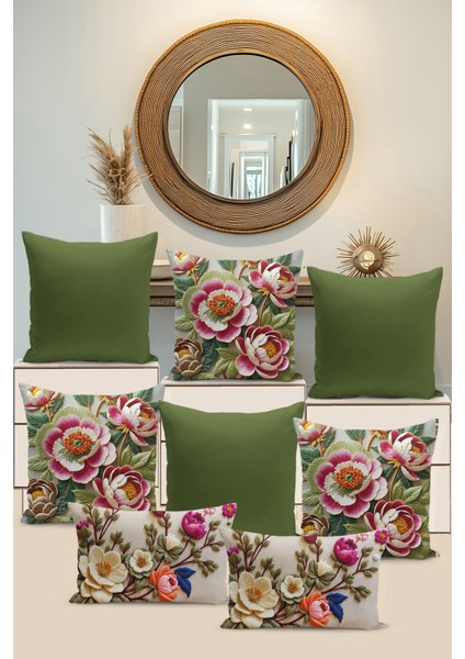 8 Li Çift Taraflı Dijital Baskı Kırlent Kılıfı Nakış Görünümlü Çiçek Desenli