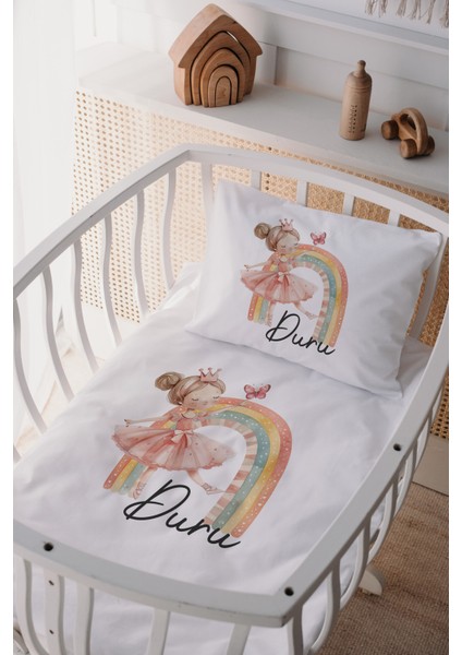 %100 Pamuk Saten Isme Özel Isimli Anne Yanı Beşik Nevresim Takımı Peri