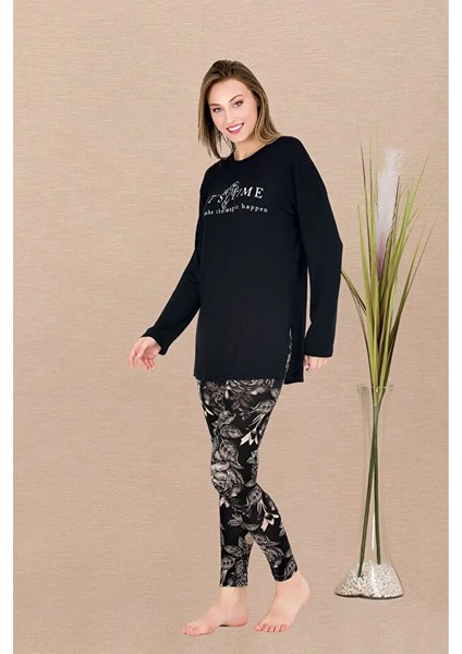 Lady Lingerie Uzun Kollu,çiçek Desenli,taytlı Kadın Pijama Takımı