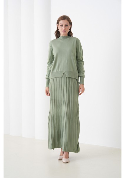 Kadın Pileli Etek Kazağı V Tasarım Tesettüre Uygun Örgü Triko Etek Kazak Takım