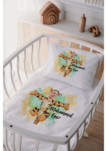 %100 Pamuk Saten Isme Özel Isimli Anne Yanı Beşik Nevresim Takımı Kaplan