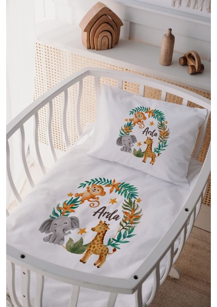 %100 Pamuk Saten Isme Özel Anne Yanı Beşik Nevresim Takımı Safari