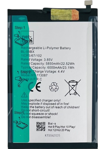 Teknonet Infinix Hot 9 Play Uyumlu Nettech BL-58BX 6000 Mah Batarya