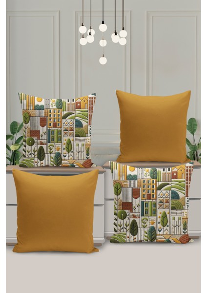 4 Lü Çift Taraflı Dijital Baskı Kırlent Kılıfı Nakış Görünümlü Karışık Desenli