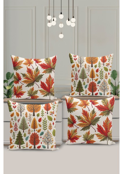 4 Lü Çift Taraflı Dijital Baskı Kırlent Kılıfı Nakış Görünümlü Yaprak Desenli