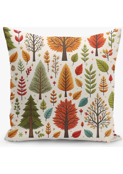 4 Lü Çift Taraflı Dijital Baskı Kırlent Kılıfı Nakış Görünümlü Yaprak Desenli modelleri