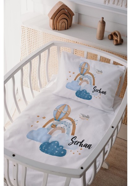 %100 Pamuk Saten Isme Özel Isimli Anne Yanı Beşik Nevresim Takımı Balon
