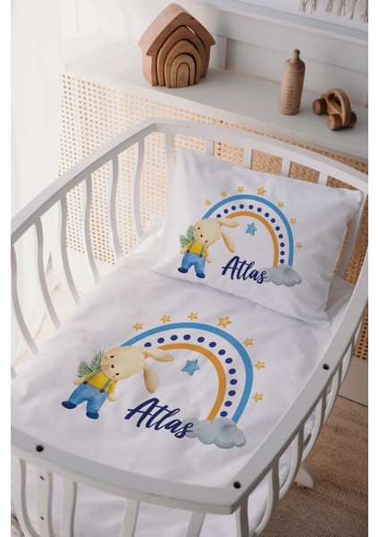 %100 Pamuk Saten Isme Özel Isimli Anne Yanı Beşik Nevresim Takımı Tavşan