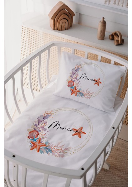 %100 Pamuk Saten Isme Özel Anne Yanı Beşik Nevresim Takımı Deniz Yıldızı