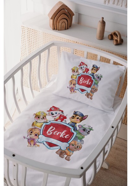 %100 Pamuk Saten Isme Özel Anne Yanı Beşik Nevresim Takımı Köpek Kahramanlar
