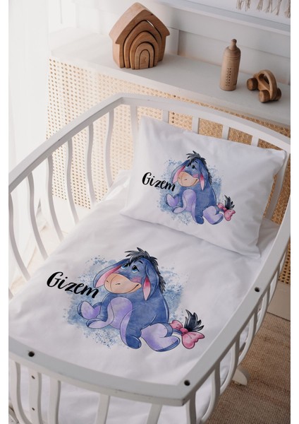 %100 Pamuk Saten Isme Özel Isimli Anne Yanı Beşik Nevresim Takımı Eşek Iyor