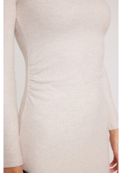 Kadın Slim Fit Dar Kesim Bisiklet Yaka Bej Elbise modelleri