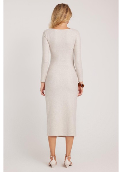 Kadın Slim Fit Dar Kesim Bisiklet Yaka Bej Elbise