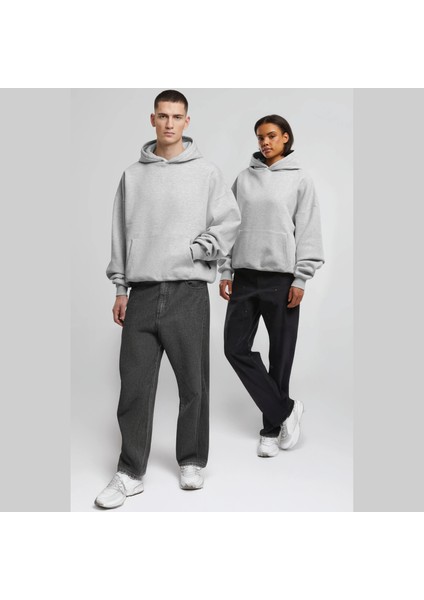 Unisex Şardonlu Kapüşonlu Kanguru Cepli Relaxed Fit Sweatshirt Gri Melanj