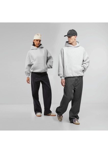 Unisex Şardonlu Kapüşonlu Kanguru Cepli Relaxed Fit Sweatshirt Gri Melanj