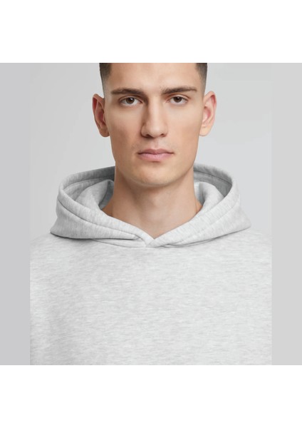 Unisex Şardonlu Kapüşonlu Kanguru Cepli Relaxed Fit Sweatshirt Gri Melanj