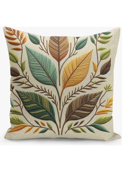 Çift Taraflı Dijital Baskı Kırlent Kılıfı Nakış Görünümlü Yaprak Desenli