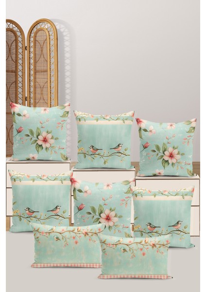 8 Li Çift Taraflı Dijital Baskı Kırlent Kılıfı Kuş/çiçek Desenli