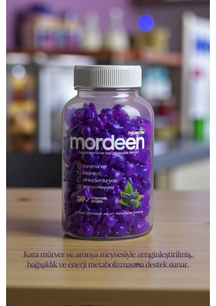Mordeen Jelibon Bağışıklık Desteği – Kara Mürver, C Vitamini, Aronya, Afrika Sardunyası – 60 Adet