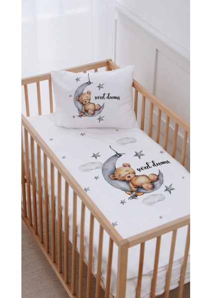 %100 Pamuk Anne Yanı Beşik Nevresim Takımı (60X100) Ayda Uyuyan Ayıcık