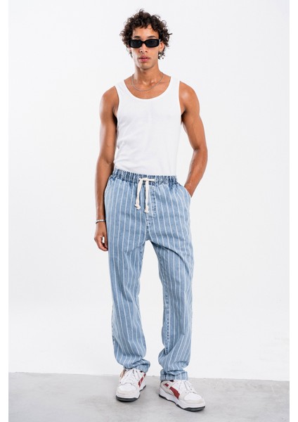 Erkek Buz Mavisi Çizgili Bol Pantolon Gabardin