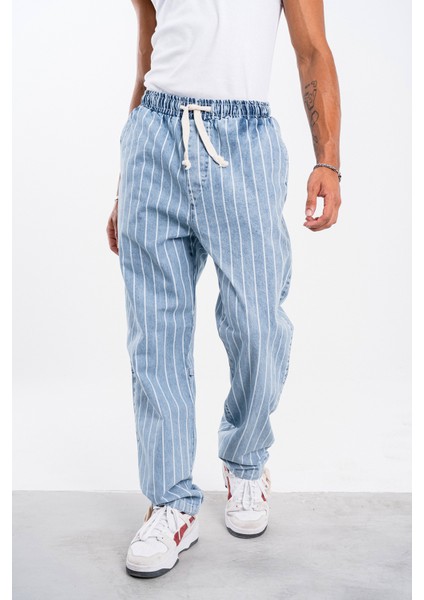 Erkek Buz Mavisi Çizgili Bol Pantolon Gabardin fiyatları