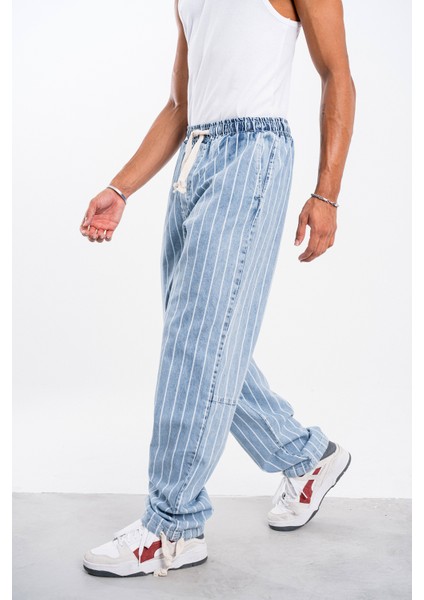 Erkek Buz Mavisi Çizgili Bol Pantolon Gabardin modelleri