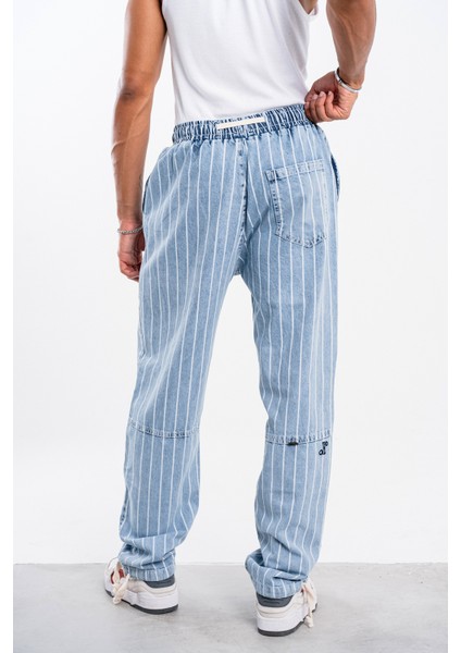 Erkek Buz Mavisi Çizgili Bol Pantolon Gabardin fırsatları