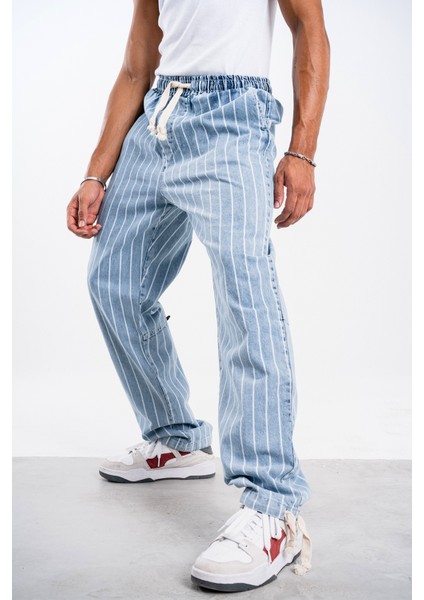 Erkek Buz Mavisi Çizgili Bol Pantolon Gabardin indirimleri