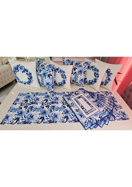 Mavi Tonlu Tropikal Çiçek Desenli Kırlent - Amerikan Servis -Runner