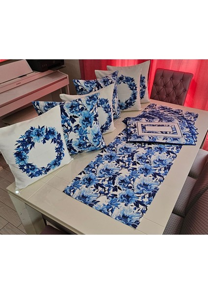 Mavi Tonlu Tropikal Çiçek Desenli Kırlent - Amerikan Servis -Runner fiyatları