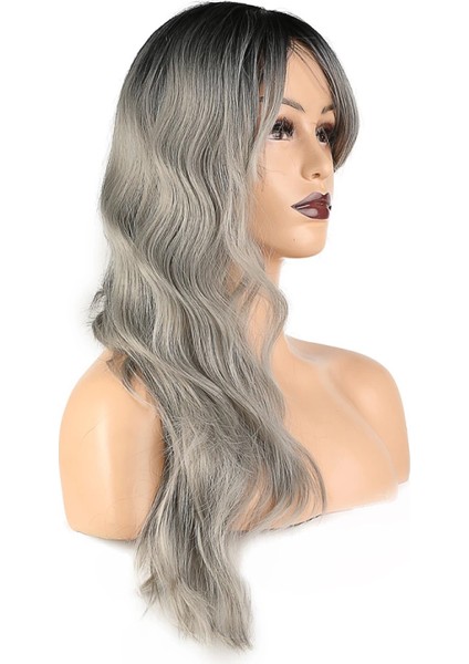 Dalgalı Perçemli Fiber Sentetik Orta Boy Peruk - Siyah Gri Ombreli modelleri