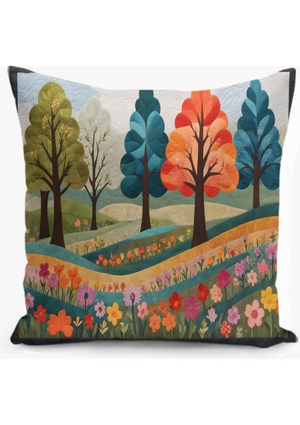 Çift Taraflı Dijital Baskı Kırlent Kılıfı Kapitone Görünümlü Ağaç-Orman Desenli