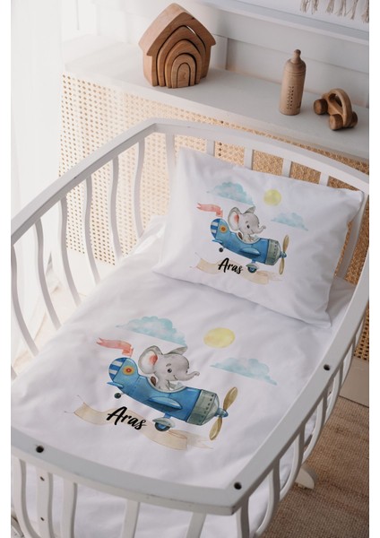 %100 Pamuk Saten Isme Özel Isimli Anne Yanı Beşik Nevresim Takımı Fil
