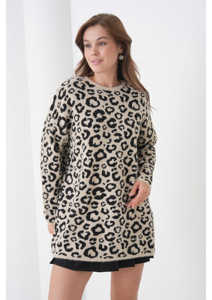 Kadın Leopar Desenli Uzun Kollu Bisiklet Yaka Spor Şık Kışlık Triko Kazak