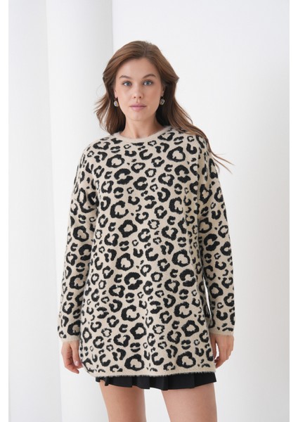 Kadın Leopar Desenli Uzun Kollu Bisiklet Yaka Spor Şık Kışlık Triko Kazak modelleri