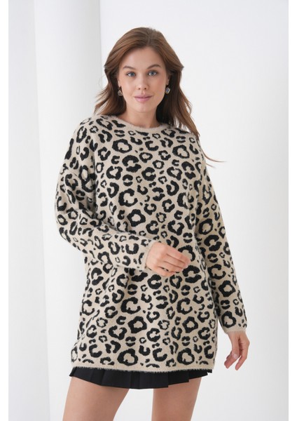 Kadın Leopar Desenli Uzun Kollu Bisiklet Yaka Spor Şık Kışlık Triko Kazak fırsatları