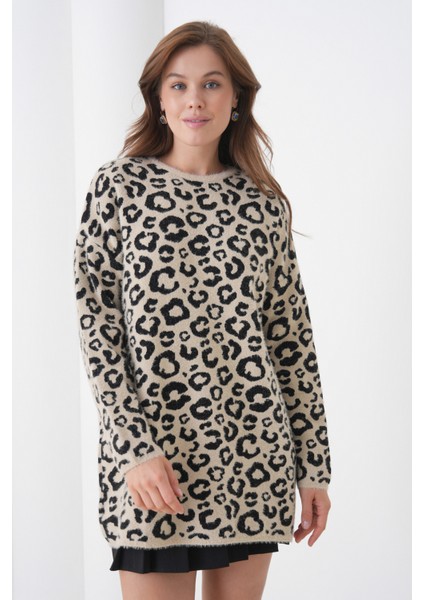 Kadın Leopar Desenli Uzun Kollu Bisiklet Yaka Spor Şık Kışlık Triko Kazak indirimleri