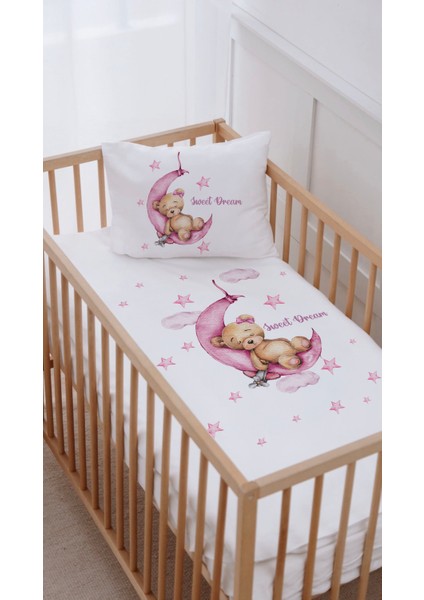 %100 Pamuk Anne Yanı Beşik Nevresim Takımı (60X100) Pembe Temalı Uyuyan Ayıcık